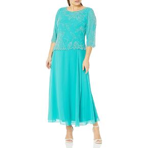 J Kara Women's Plus Size 3/4 Sleeve Long Beaded Floral Design Dress