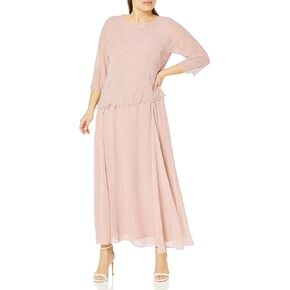 J Kara Women's Plus Size 3/4 Sleeve Long Beaded Floral Design Dress