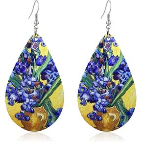 Lightweight Handmade Nature Wooden Sunflower Oil Painting Dangle Drop Earrings Boho teardrop Van Gogh Starry Wood Earring for Women Girls Creative Artwork Pendant Earrings Jewelry