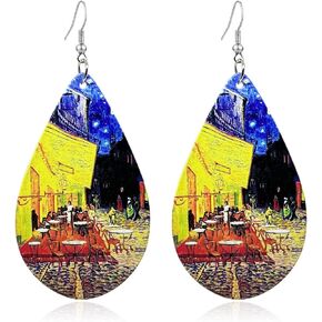 Lightweight Handmade Nature Wooden Sunflower Oil Painting Dangle Drop Earrings Boho teardrop Van Gogh Starry Wood Earring for Women Girls Creative Artwork Pendant Earrings Jewelry in Saudi Arabia
