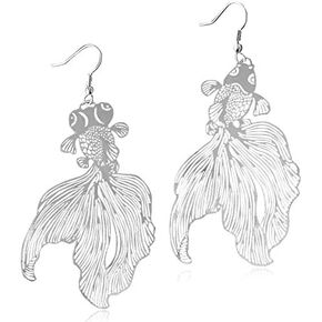Fashion Chic Handmade Lightweight Hollow Tropical Fish Goldfish Dangle Drop Earrings for Women Girls Statement Jewelry Gifts (Silver)