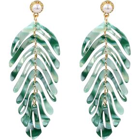 Acrylic Leaf Drop Dangle Earrings Bohemian Green Resin Pearl Leaves Costume Statement Wedding Earring For Women Girl Bar Party Fashion Jewelry