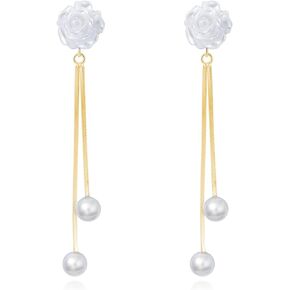 SLUYNZ Sterling Silver Camellia Flower Dangle Earrings Chain for Women Teen Girls Pearls Flower Drop Earrings Tassel