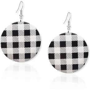 KaFu Christmas Plaid Print Wooden Earrings Lightweight Geometric Bohemian Christmas Plaid Big Round Wood Dangle Drop Earrings for Women Girls Statement Jewelry