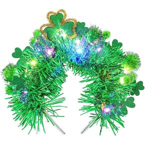 Bessney St Patricks Day Light Up Headband Green Shamrock Headbands LED Irish Lucky Hair Bands Festival Party Hair Accessories for Women