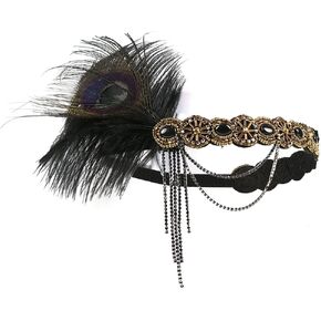 1920s Feather Headband Flapper Headpiece Beaded Gatsby Rhinestone Hair Chain Accessories Women Tassel Headdress