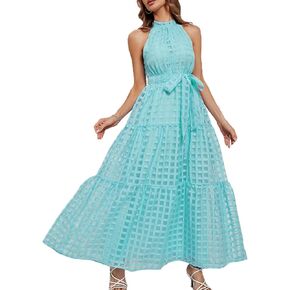 HILYPINK Summer Halter Neck Maxi Dresses for Women 2023 Casual Plaid Long Dress Smocked Tiered Ruffle Sundress with Belt