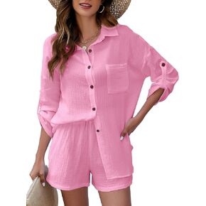 بيهايم طقم ملابس استرخاء للنساء من القطن والكتان مكون من قطعتين قميص بأزرار سفلية وشورت كاجوال فضفاض in Kuwait