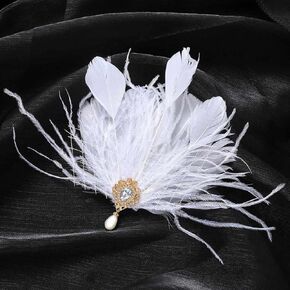 GENBREE 1920s Flapper Headband White Feather Hair Clip Rhinestone Gatsby Feather Headpiece Pearl Cocktail Hair Accessories for Women and Girls