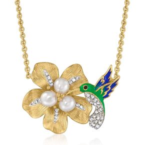 Ross-Simons 3.5-4mm Cultured Pearl and .10 ct. t.w. Diamond Hummingbird and Flower Necklace With Enamel in 18kt Gold Over Sterling. 18 inches
