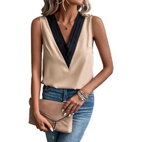 Milumia Women's Color Block V Neck Sleeveless Blouse Summer Office Work Tank Tops