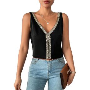 OYOANGLE Women's Contrast Sequin Sleeveless Deep V Neck Slim Fit Tank Top Summer Casual Cami Tops
