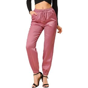 Allegra K High Waisted Pants for Women's Casual Drawstring Ankle Length Satin Joggers