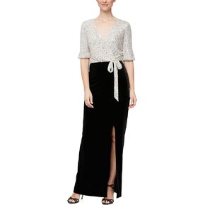 Alex Evenings Long Surplice Column Dress with Tie Waist Detail and Front Slit