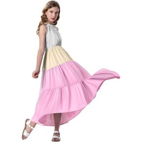 Girl's Halter Neck Flowy Long Maxi Dress Back Tie Sleeveless Casual Party A-line Tiered Dresses for 6-12 Years