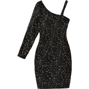 WDIRARA Girl's One Shoulder Contrast Sequin Glitter Midi Pencil Dress Asymmetrical Neck Solid Bodycon Dresses