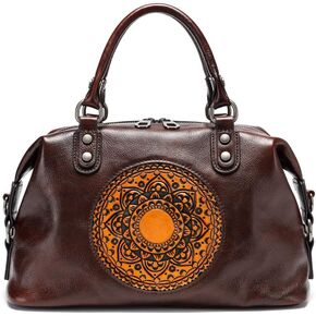 EBESA Genuine Leather Handbags for Women, Retro Mandela Crossbody Tote Bag