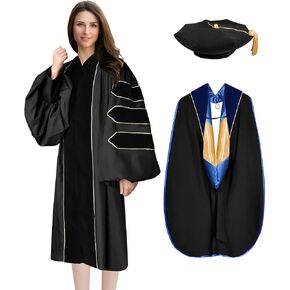 Happy Secret Unisex Deluxe Doctoral Graduation Gown Doctoral Hood and Doctoral Tam Package with Gold Piping Doctoral Regalia