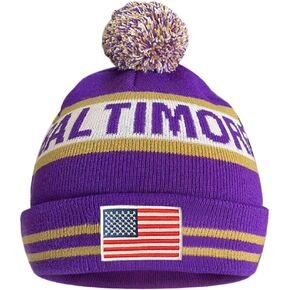 US Flag Baltimore City Football Embroidery Classic Pom Cuff Baltimore Beanie Hat Cuffed Winter Hat Knit Toque Skull Cap Purple in Kuwait