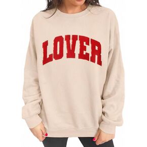 BOUTIKOME Valentine's Day Sweatshirts for Women Sequin Glitter Patch Lover Letter Shirts Chenille Oversized Pullover Tops