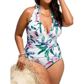 CUPSHE المرأة حجم كبير ملابس السباحة قطعة واحدة ثوب السباحة الخامس الرقبة الرسن Ruched البطن التحكم الاستوائية عارية الذراعين in Kuwait