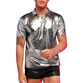 WDIRARA Men's Hipster Metallic Holographic Polo Shirt Collar Neck Short Sleeve 70s Disco Nightclub Party T Shirt Top