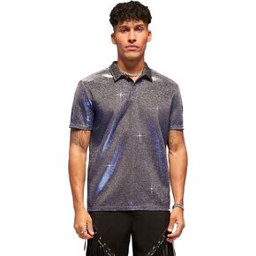 WDIRARA Men's Hipster Metallic Holographic Polo Shirt Collar Neck Short Sleeve 70s Disco Nightclub Party T Shirt Top
