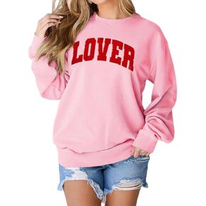 IZYJOY Women Valentine Sweatshirt Glitter LOVER Letter Chenille Patch Shirt Crewneck Long Sleeve Pullover Oversized Clothes