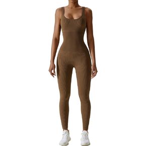 Cysincos Women Yoga Jumpsuits Workout Ribbed Rompers Square Neck Long Sleeve One Piece Sport Bodysuit Exercise Jumpsuit