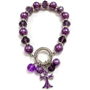 Linpeng 2475B Fiona Pearl and Crystal Bead with Dangles Stretch Bracelet, Purple/Violet