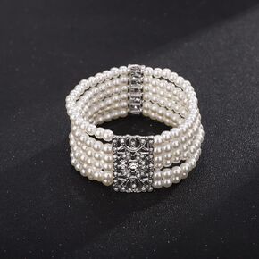 Women's Wedding Bridal Crystal Simulated Pearl Layered Row Strand Vintage Stretch Bracelet