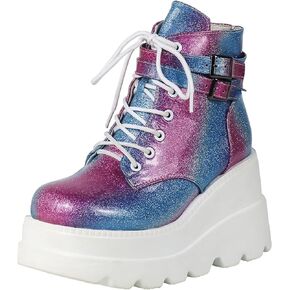UOQAPRE Women's High Heel Combat Boots Square Toe Lace Up Ankle Booties Fashion Wedge Chunky Platform Boots Zipper Bootie Shoes