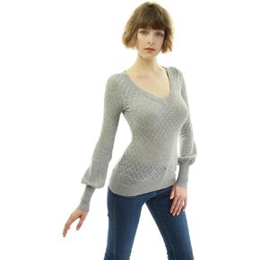 AmélieBoutik Women V Neck Semi Sheer Bishop Sleeve Sweater