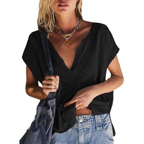 Saodimallsu Womens V Neck Cap Sleeve Sweater Tops Summer Casual Loose Fit Side Split Basic Clothes Shirts
