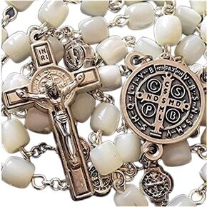 elegantmedical mother of pearl bead st. benedict rosary catholic necklace cross gift