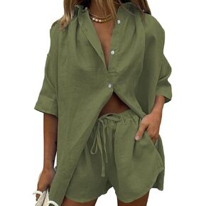 Meenew Women's 2 Piece Outfits Button Down Short Sleeve Shirts and Shorts Set Summer Sweatsuits Loungewear Set