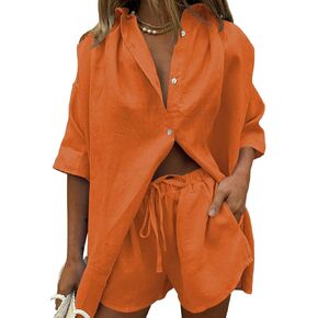 Meenew Women's 2 Piece Outfits Button Down Short Sleeve Shirts and Shorts Set Summer Sweatsuits Loungewear Set