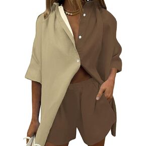 Meenew Women's 2 Piece Outfits Button Down Short Sleeve Shirts and Shorts Set Summer Sweatsuits Loungewear Set in Kuwait