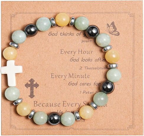 Christian Religious Cross Natural Healing Stone Beads Handmade Inspirational Adjustable Bracelet with Meaningful Card Catholic Faith Protection Jewelry for Women Men in Saudi Arabia