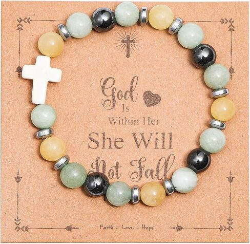 Christian Religious Cross Natural Healing Stone Beads Handmade Inspirational Adjustable Bracelet with Meaningful Card Catholic Faith Protection Jewelry for Women Men in Saudi Arabia