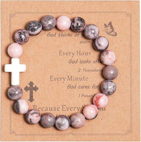 Christian Religious Cross Natural Healing Stone Beads Handmade Inspirational Adjustable Bracelet with Meaningful Card Catholic Faith Protection Jewelry for Women Men in Saudi Arabia