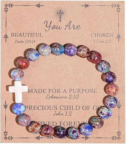 Christian Religious Cross Natural Healing Stone Beads Handmade Inspirational Adjustable Bracelet with Meaningful Card Catholic Faith Protection Jewelry for Women Men in Saudi Arabia