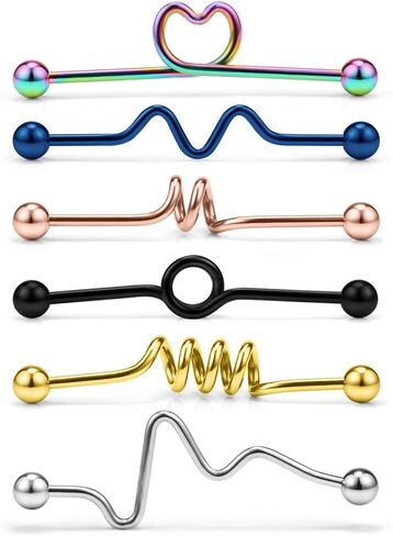 6 قطع من أقراط الحديد الصناعية من Ruifan المصنوعة من الفولاذ المقاوم للصدأ مقاس 14 أقراط غضروفية ثقب الجسم 1 1/2 بوصة (38 مم) - مستقيم، ملفوف، مموج، ملتوي، حلزوني، قلب in Kuwait