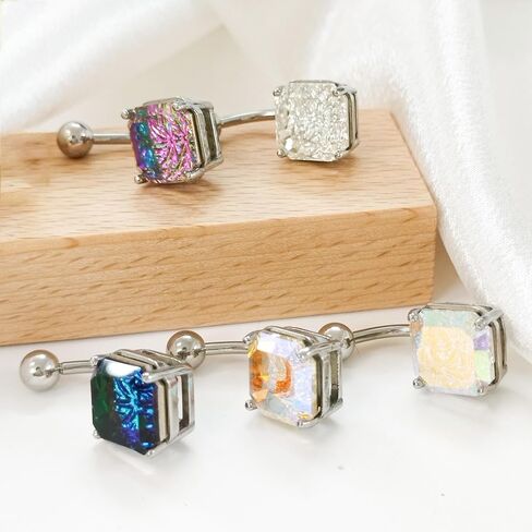 14G Square Belly Button Ring for Women Girls Surgical Steel Glitter Cubic Zircon Belly Navel Piercing Studs Curved Barbell Dainty Body Piercing Jewelry in Saudi Arabia