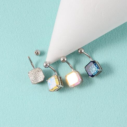 14G Square Belly Button Ring for Women Girls Surgical Steel Glitter Cubic Zircon Belly Navel Piercing Studs Curved Barbell Dainty Body Piercing Jewelry in Saudi Arabia