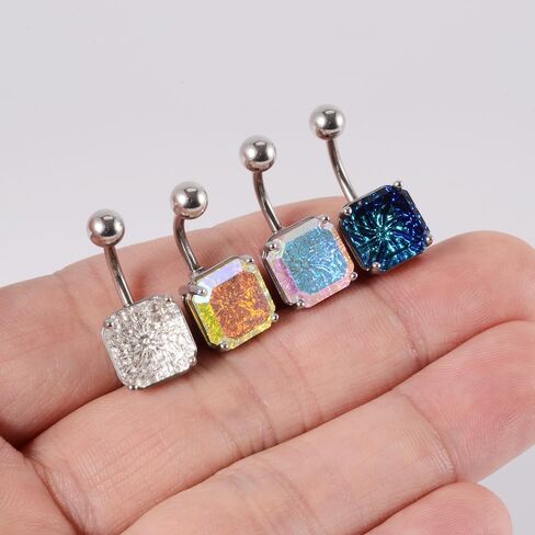 14G Square Belly Button Ring for Women Girls Surgical Steel Glitter Cubic Zircon Belly Navel Piercing Studs Curved Barbell Dainty Body Piercing Jewelry in Saudi Arabia