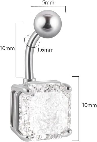 14G Square Belly Button Ring for Women Girls Surgical Steel Glitter Cubic Zircon Belly Navel Piercing Studs Curved Barbell Dainty Body Piercing Jewelry in Saudi Arabia