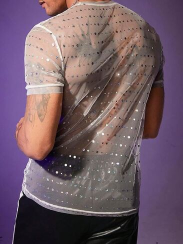 GORGLITTER Men's Mesh Sequin Tees Round Neck Sparkly Short Sleeve T Shirt in Saudi Arabia