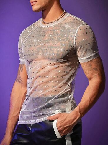 GORGLITTER Men's Mesh Sequin Tees Round Neck Sparkly Short Sleeve T Shirt in Saudi Arabia