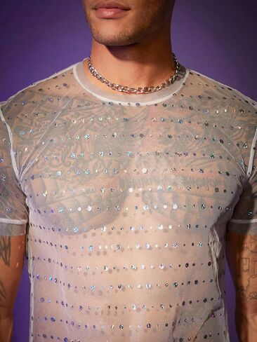 GORGLITTER Men's Mesh Sequin Tees Round Neck Sparkly Short Sleeve T Shirt in Saudi Arabia
